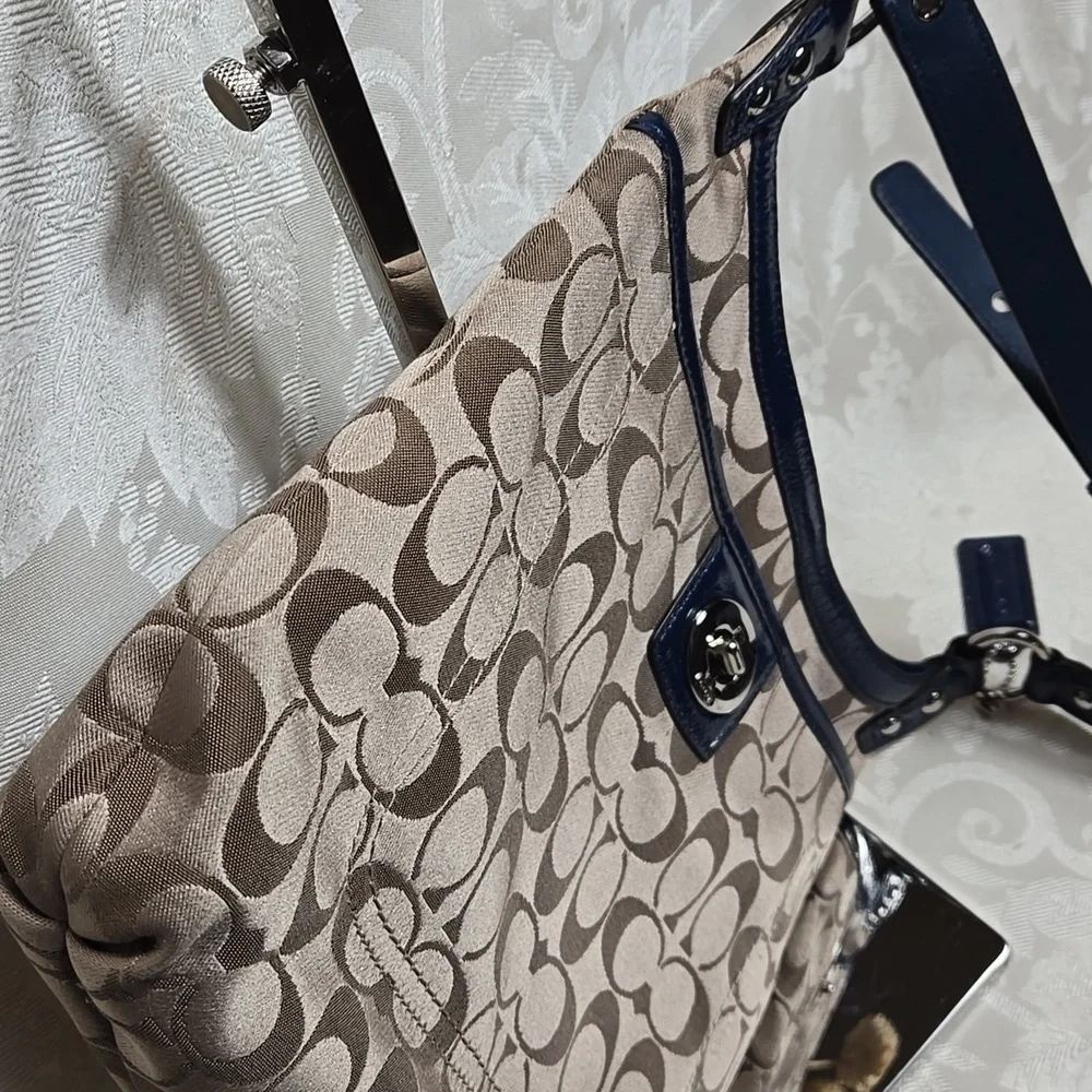 Coach Penelope Tan and Blue Satin With Patent Leather Crossbody Bag